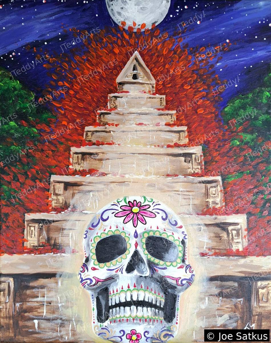 A Bridge Between, acrylic painting of a sugar skull in front of a stepped pyramid under a full moon