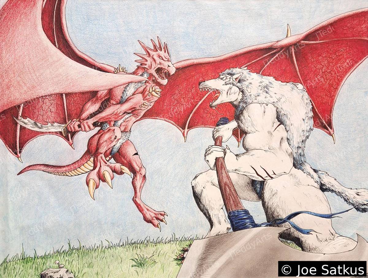 A Hillside Battle, Prismacolor drawing of a red dragon facing a white wolf with an axe