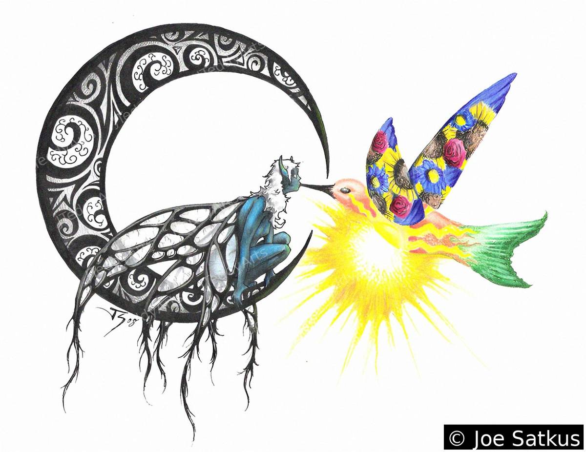 Night and Day print, a figure on a crescent moon and a hummingbird