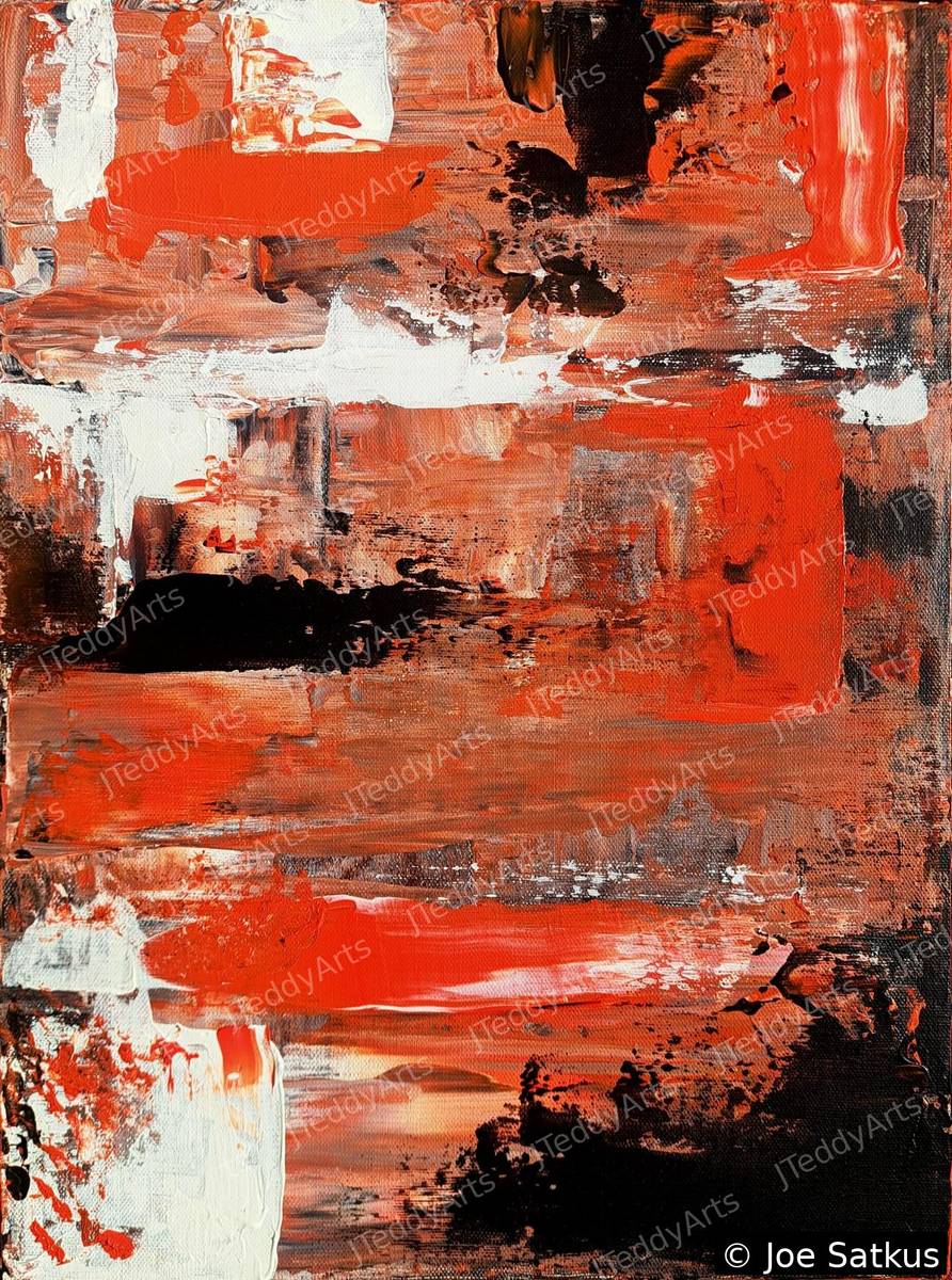 November, abstract acrylic painting in orange, white, and black