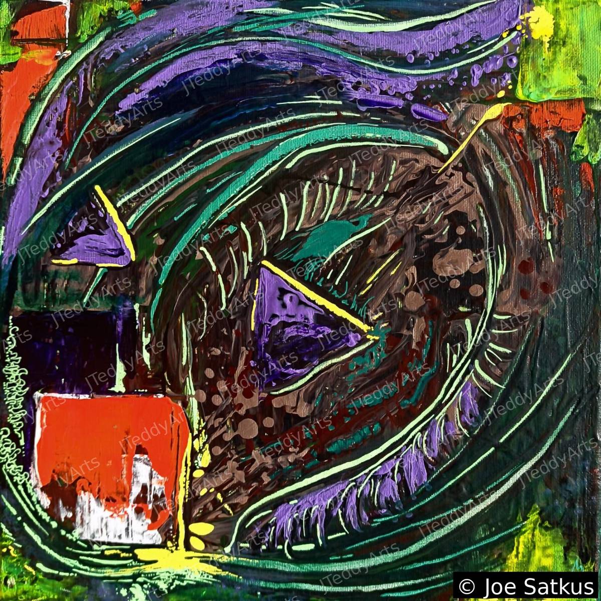 Always Watching, abstract acrylic painting of an eye in purple, teal, and red