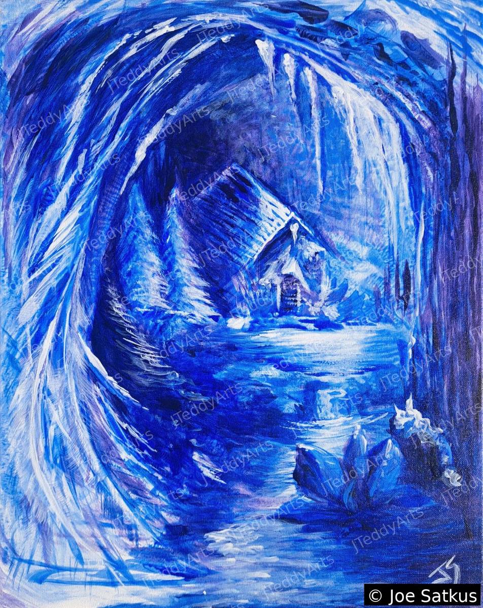 Watering Hole, blue acrylic painting of a cabin inside a swirling wave of water